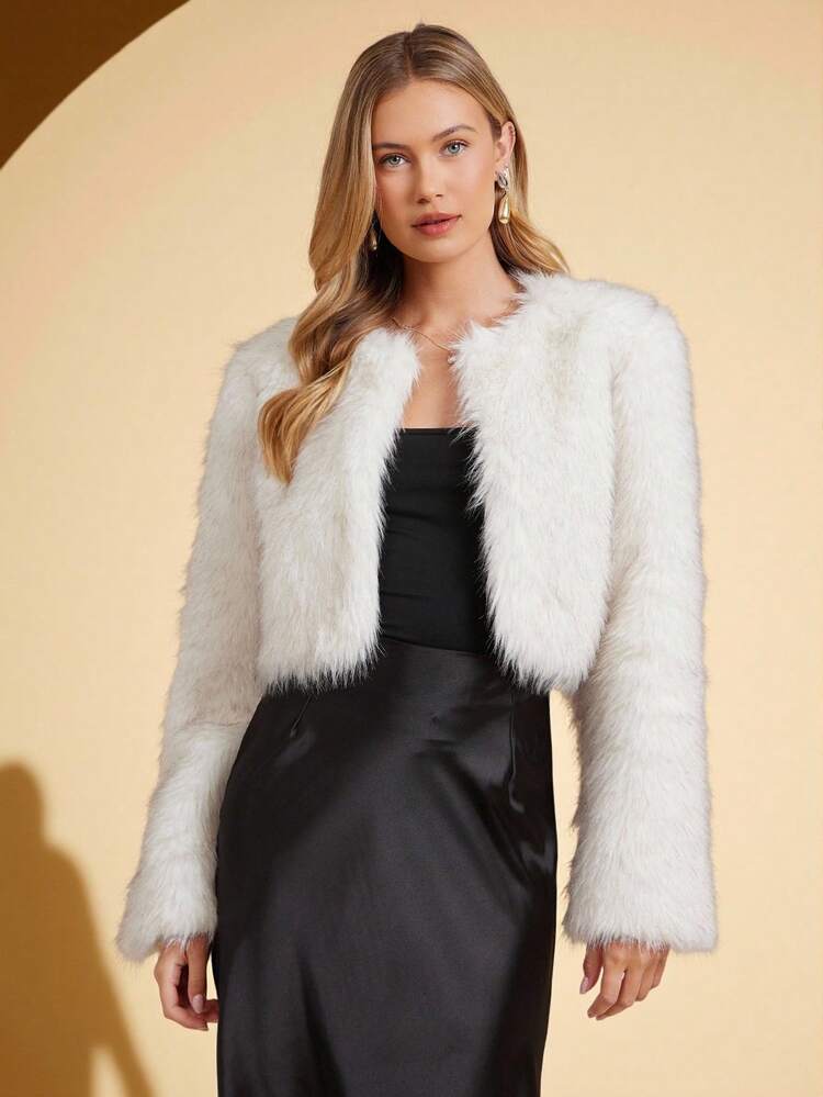 Amorya 女士优雅人造毛皮杏色短款夹克，适合日常穿着和多种场合，秋冬季 - 杏色 - 查看 3