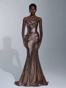 Elitara 优雅金属弹力面料手工金属花朵装饰紧身胸衣，带骨，荷叶边美人鱼长裙，带拖尾，女士正式晚礼服 - 金色 - 查看 7