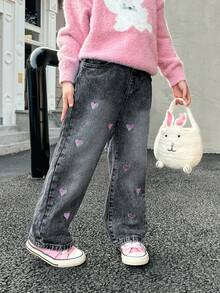 SHEIN Explorewe Girls' Fashionable Casual Heart Embroidery Loose Straight Leg Jeans Fall Winter Girls Heart Jeans Girls Embroidered Jeans - Black - View 4