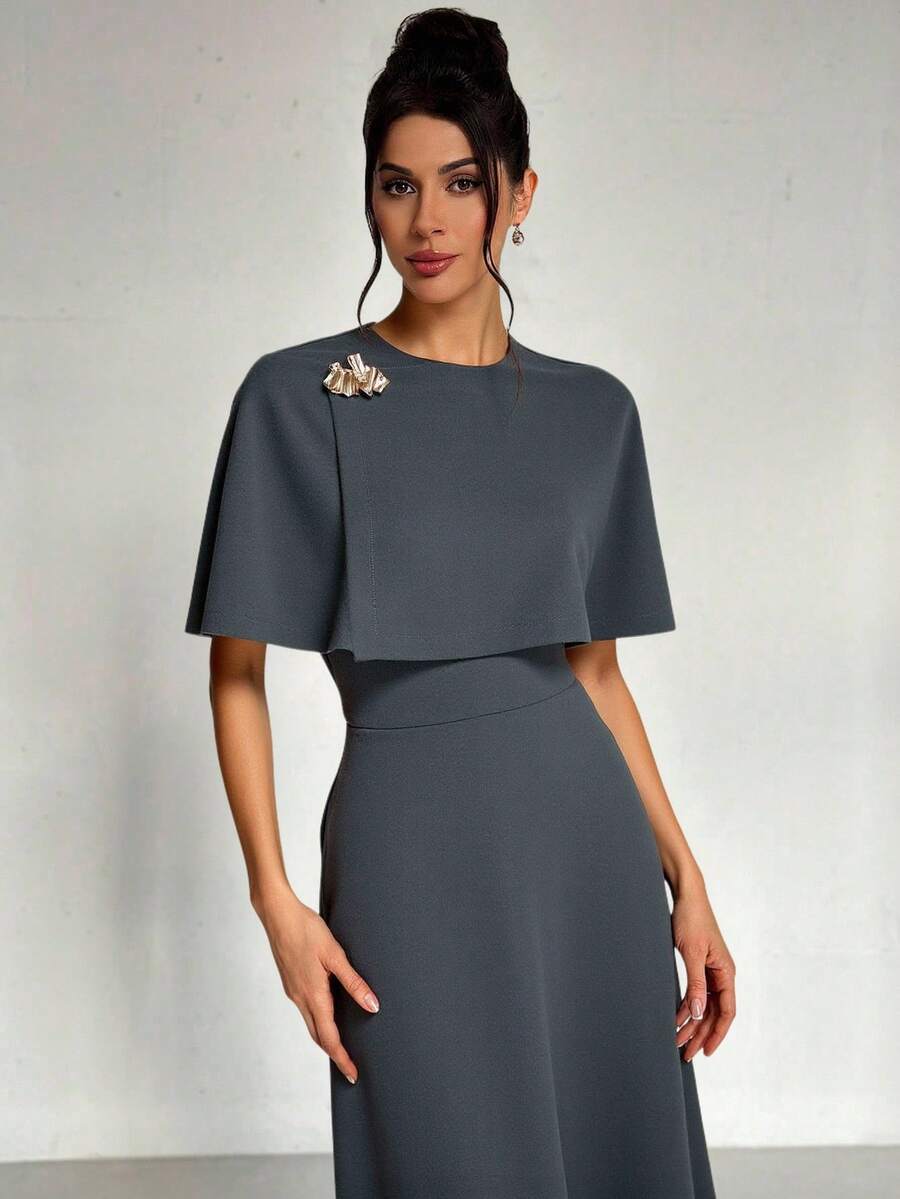 Firerie 女士优雅正式通勤连衣裙，高腰 A 字中长连衣裙，带金属装饰，适合教师和日常穿着，灰色 - 灰色 - 查看 1