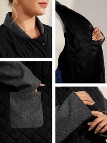 Momelise Plus Size Women Casual Contrast Color Stand Collar Long Sleeve Pocket Patchwork Quilted Metal Button Front Long Cardigan Coat, Winter - Multicolor - View 8