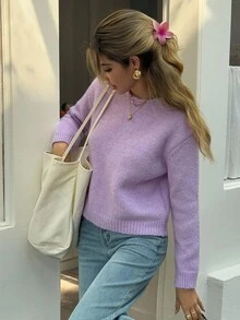 Livesso 女士日常休闲纯色落肩毛衣秋季 - 紫色 - 查看 3