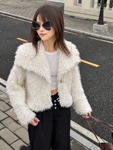 少女街头风格基础款休闲奢华派对仿毛领保暖厚外套，秋冬 - 白色 - 查看 6