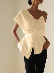 Vesra Bluzka damska w jednolitym kolorze z węzłem w talii i modnym wzorem - Kolor khaki - Zobacz 5