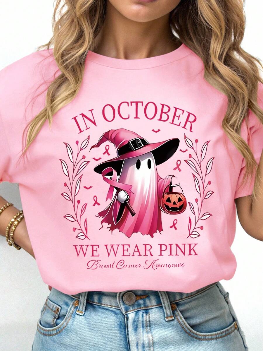 EMERY ROSE 大码万圣节T恤、大码街头服饰图案短袖T恤、可爱夏季上衣 - 粉色 - 查看 1