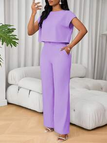 SHEIN Lunessa Bộ 2 món đồ thời trang nữ cổ tròn tay ngắn kiểu Pháp thường ngày và quần ống rộng cạp cao - Màu tím - Xem 3