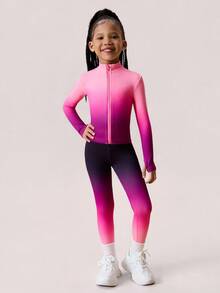 SHEIN 2 sztuki/zestaw dziewczęcego stroju sportowego, elastyczna dopasowana kurtka zapinana na zamek i obcisłe spodnie sportowe z wysokim stanem, odpowiednie do jogi, tenisa, badmintona, aktywności na świeżym powietrzu i codziennego treningu