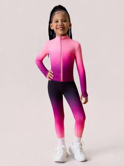 SHEIN Set de 2 piezas de ropa deportiva para niñas, chaqueta elástica ajustada con cremallera y pantalones deportivos ceñidos de cintura alta, adecuados para yoga, tenis, bádminton, actividades al aire libre y entrenamiento diario