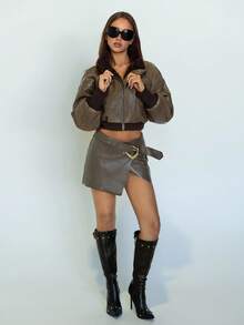 SHEIN ICON 女式复古街头风格翻领短款宽松棕色 PU 皮夹克，秋冬 - 棕色 - 查看 5