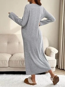 SHEIN Đầm thun trơn cổ tròn tay dài dáng rộng thoải mái cho bà bầu - Xám - Xem 2