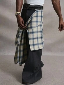 PAVTROS Manfinity Streetrush 男士拼接阔腿裤，可拆卸二合一格子系带设计，纽扣开合，秋冬街头服饰，万圣节服装，INS 街头服饰，男装，男士运动裤，中性风格，说唱歌手服装，男朋友礼物 - 黑色 - 查看 5