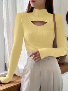 DAZY Áo len nữ màu trơn cổ tròn, vai thường, tay dài, khoét lỗ, chất liệu dệt kim, dáng ôm, thích hợp cho mùa thu/đông. - Vàng nhạt - Xem 6