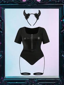 Fantasy Costume 3 件套恶魔皮革/PU 拉链修身拼接性感连体裤，适合派对、酒吧、音乐节，可作为外套穿着，加大码内衣 - 黑色 - 查看 6