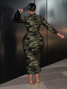 Slaydiva Classic Retro Camouflage Print Fitted Long Sleeve Round Neck Dress, Casual & Suitable For Plus Size, Autumn/Winter Fall - Multicolor - View 2