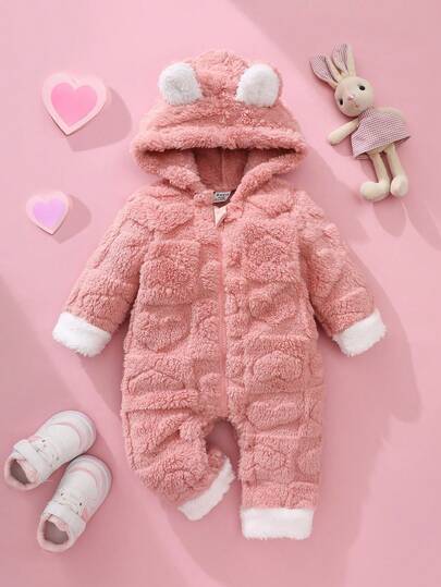 SHEIN 女婴毛绒连体衣，饰有可爱的3D耳朵，拉链设计方便穿脱，适合日常外出，秋冬季节必备，粉色
