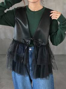 FRIFUL Women's PU Contrast Mesh Loose Layered Bowknot Front Jacket, Autumn Leather Jacket - Black - View 1