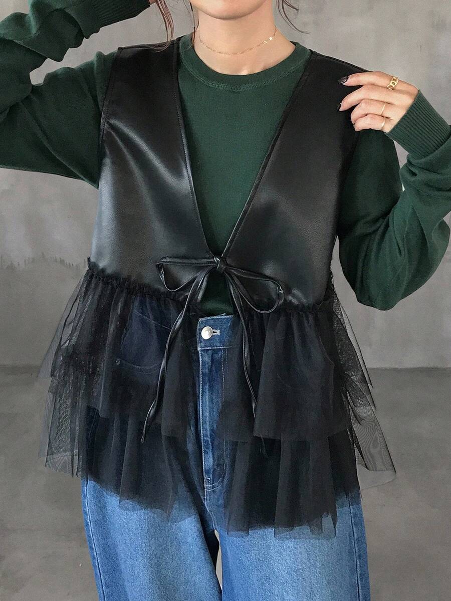 FRIFUL Women's PU Contrast Mesh Loose Layered Bowknot Front Jacket, Autumn Leather Jacket - Black - View 1