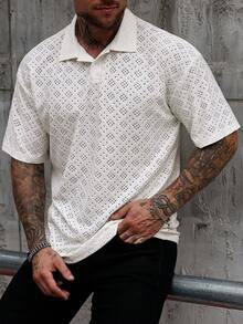 Manfinity Homme 男士休闲纯色提花 Polo 衫，夏季男士钩针 Polo 衫男士蕾丝 Polo 衫男士孔眼 Polo 衫 - 杏色 - 查看 3