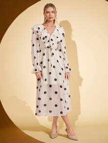 Amorya Robe longue vintage élégante à col V, volants et taille à pois, coupe évasée. Convient pour les sorties et de multiples occasions, automne - Multicolore - Voir 6