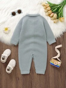 SHEIN Baby Boy Knitted Romper, Peter Pan Collar, Embroidered Bear Design, Cute & Adorable Fall Winter
