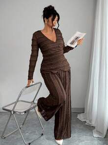 Elenzga Ensemble 2 pièces casual pour femmes grandes tailles, Top à manches longues col V texturé couleur unie et pantalon large - Marron - Voir 3
