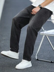 Manfinity Homme Men's Casual Washed Tapered Denim Jeans - Dark Grey - View 6