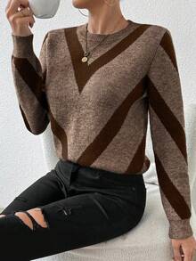 SHEIN LUNE 2024秋冬新款几何条纹套头毛衣棕色条纹毛衣秋季毛衣女毛衣棕色毛衣 - 彩色 - 查看 5