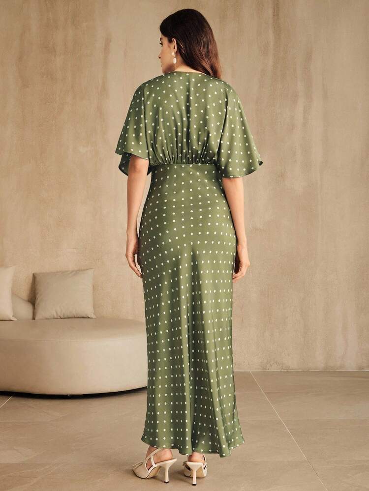 New V-Neck Ruched High Waist Polka Dot Bodycon Dress, French Style Shoulder Drop, Suitable For Wedding Guest, Autumn, Fall, Spring, Going Out, Elegant, Formal, Party, Chic, Graduation