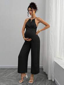 Momance 孕妇木珠吊带蝴蝶结连体裤 - 黑色 - 查看 1
