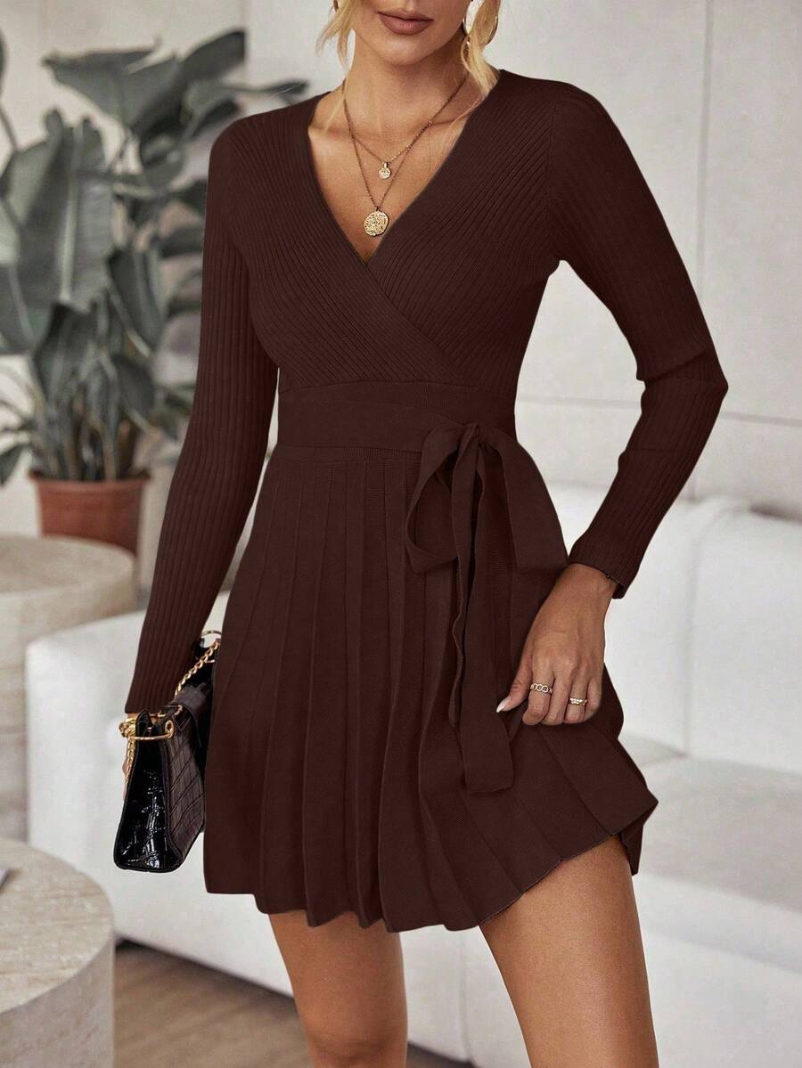 EMERY ROSE Women's Solid Color Wrap Tie Waist Long Sleeve Pleated Hem Casual Knit Dress, Autumn - Coffee Brown - View 1