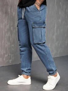 Manfinity Homme Avant-Garde Street Casual Men's Cropped Tapered Blue Denim Jeans With Cargo Pockets Men Navy Blue Denim - Blue - View 4