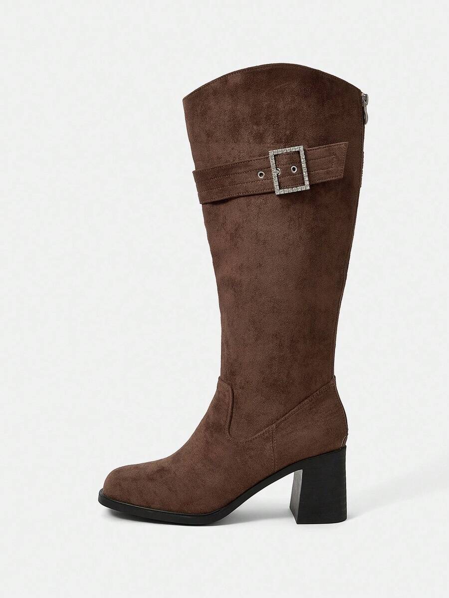 Styleloop Sepatu bot wanita modis setinggi lutut, desain hak tebal ujung persegi, warna cokelat polos, ritsleting samping dengan desain multi-tali, cocok untuk musim gugur/musim dingin, peragaan busana, bepergian, sepatu bot hiu wanita bergaya untuk pesta Halloween. - Coffee Brown - View 1