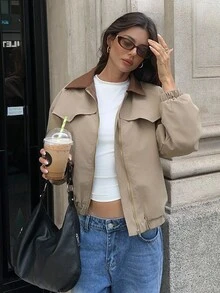 Aloruh Áo khoác dài tay cổ màu tương phản phong cách chuồng trại, áo khoác mùa đông - Cà phê nâu - Xem 3