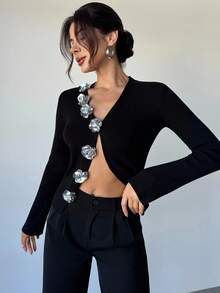 Firerie Women's Elegant Party 3D Floral Graduation Sweater Top, Neck Solid Color Knitted Cardigan,Halloween Costumes ,Wedding Guest For Women Autumn/Winter,Fall Clothes For Women,Knit Sweater, Comfortable & Elegant, Suitable For Dating, Casual, Travel In Autumn/Winter,Festival Party Outfits For Women Black Cardigan Cropped Cardigan