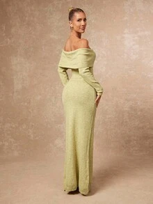 SHEIN Privé Herbst-Winter Feier Party Bankett bescheiden Altgeld Glitzer Feiertags Party Rave Festival Ausflug Urlaub Heiß Outdoor Reichlich geschichtetes Hochzeitssaison Bankett Volljährigkeitsfeier Damen Herbst Off-Shoulder langärmeliges figurbetontes elegantes Strickkleid mit Knopfdesign Off-Shoulder Abendkleid Salbeigrünes Abendkleid Limette Grünes Kleid Damen Langarm Luxus Abschlussball Eid Al-Adha Eid Al-Adha Party Neujahr - Grün - Übersicht 3