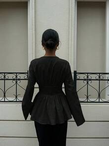 Siren Gaze 双排扣双收腰收腰长袖衬衫，柔软亲肤，适合工作或度假 - 黑色 - 查看 2