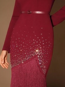 Anewsta Autumn/Winter Women's Elegant Tassel Rhinestone Fitted Knit Dress, Suitable For Party, Going Out, Formal Occasions - Burgundy - View 4