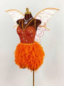 Amplova 大码女式万圣节精灵角色扮演亮片羽毛装饰连衣裙 - 橘色 - 查看 10