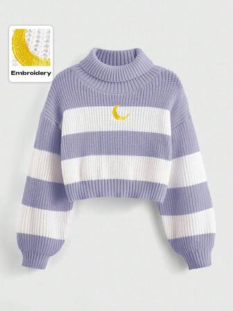 Kawaii High Neck Striped Drop Shoulder Sweater With Moon Embroidery