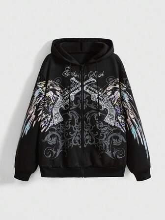 Grunge Punk Sweat-shirt ample unisexe vintage de sous-culture de rue Y2K avec impression de pistolet et d'aile ornée de strass