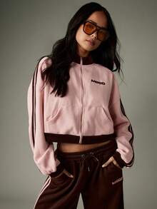 MISSGUIDED Zip Through Sweatshirt With Contrast Stripes And Ribbed Cuffs For Casual Everyday Wear - Pink - View 3