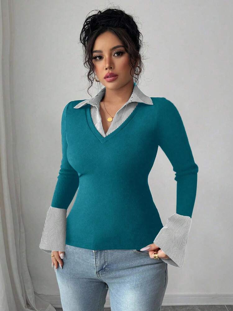 Elenzga Áo thun dài tay thường ngày bằng vải thun co giãn cao, thiết kế cổ và tay áo tương phản thanh lịch dành cho nữ cỡ lớn - Nhiều màu - Xem 6