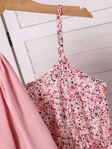 SHEIN Vintaside Kids 2 件套女童休闲罗纹针织开衫，蝴蝶结装饰和简约印花吊带裙，春秋 - 粉色 - 查看 3