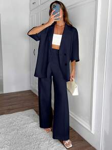 EURMUSE Bộ vest nữ màu vàng bơ cỡ lớn thường ngày - Màu xanh hải quân - Xem 6