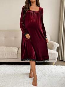 SHEIN Maternity Velvet Square Neck Lace Trim Tie Front Dress - Burgundy - View 4