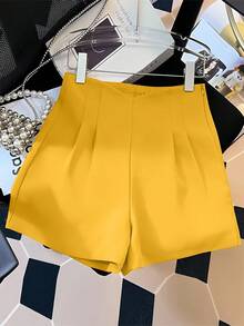 Airaco Quần short ống rộng cạp cao có khóa kéo thanh lịch, quần short xếp ly thời trang thường ngày dành cho nữ - Màu vàng - Xem 4