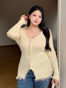 Dazy Plus Cardigan da donna con scollo a V, taglio slim, maniche lunghe, con patchwork e frange, taglia comoda, adatto per primavera/autunno - Albicocca - Visualizzare 4