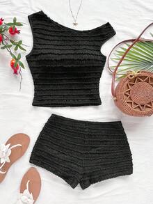 Soleia Women's Vacation Spring/Summer 2 Pieces Set: Red & White Striped Knit Asymmetrical Shoulder Crop Top And Super Low-Rise Bodycon Shorts, Suitable For Party, Christmas, Valentine's Day, Date, Beach, Cruise, Carnival, Easter, Chinese New Year