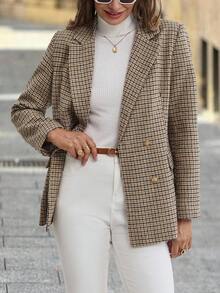 Solivie 女士秋冬格纹复古西装外套 - 卡其色 - 查看 3