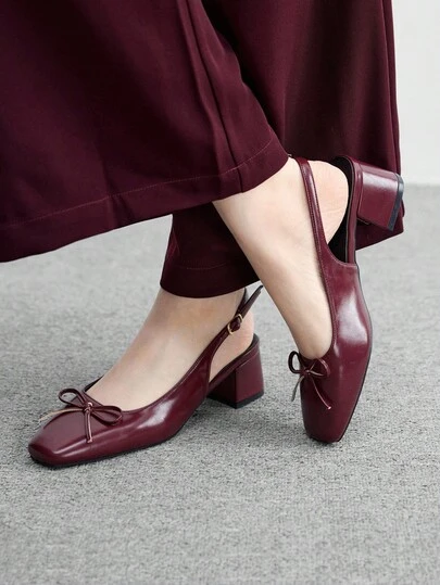 CUCCOO BIZCHIC Women's Fashion Burgundy Backstrap Classic Low Chunky Heel Flats, Versatile For Daily, Commute, Elegant Office Wear For Christmas